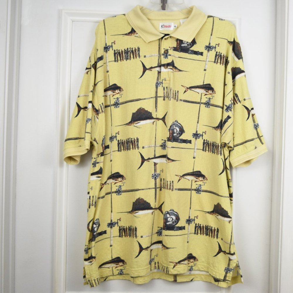 World Wide Sportsman Fish Graphic Polo Men XL Yellow Deep Sea Slubbed Cotton